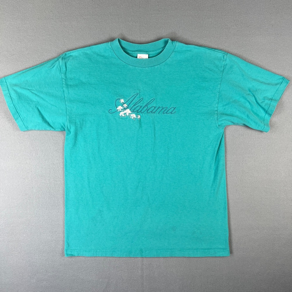 VTG Alabama Floral T Shirt Fits Medium Embroidered‎ Teal Blue Vacation 1990s USA